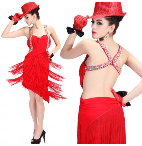 Red rhinestones diamond women's ladies female competition fringes tassels performance professional ballroom latin dance dresses outfits